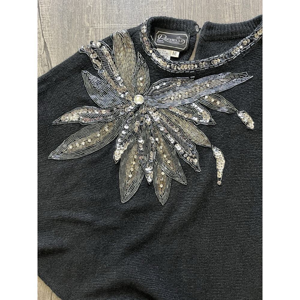 Rochelle Women’s Sweater Black Floral Beaded Silk/Nylon/Rabbit Hair/Lamswool, M - Picture 5 of 7